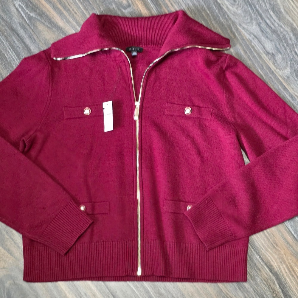 Talbots Womens Medium Berry Red Full Zip Mock Neck Sweater Crest Button NWT